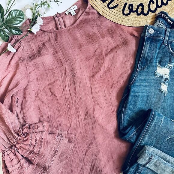 Stellah dusty pink/rose layered semi-sheer exaggerated ruffle bell sleeve blouse - Picture 7 of 12